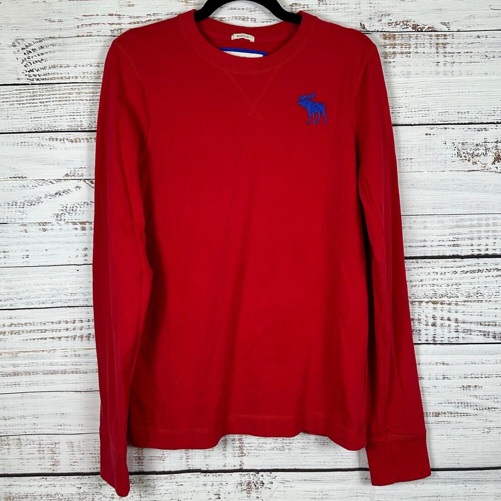Mens Abercrombie Fitch Red Long Sleeve T Shirt Muscle Fit Embroidered Moose Sz M
